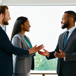 A diverse group of five professional adults, fully clothed in modest business attire, gathered in a serene, light-filled communal space. The environment features soft, ambient lighting and minimalist, elegant architecture, creating an atmosphere of peace and unity. The individuals stand with natural poses, engaging in quiet connection and mutual understanding. Perfect anatomy, correct proportions, well-formed hands, proper finger count, and natural body proportions are ensured. High-resolution professional photography, natural lighting, soft focus, harmonious color palette. Safe for work, appropriate content, family-friendly.