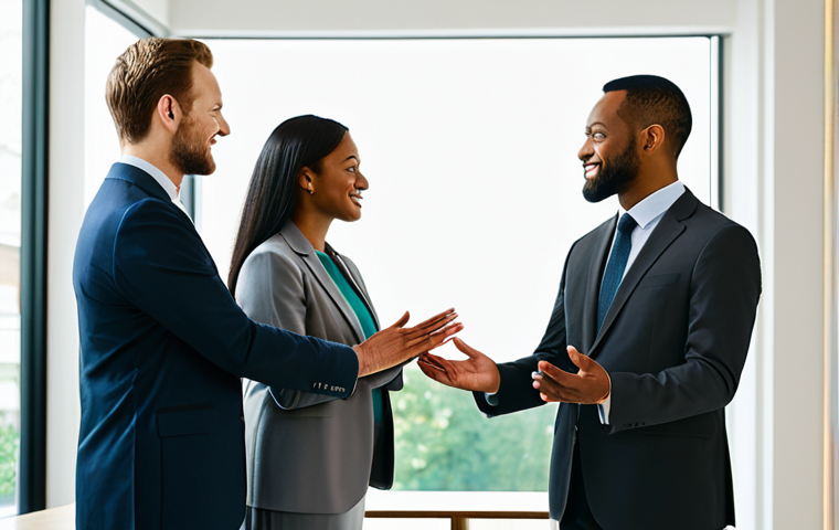 A diverse group of five professional adults, fully clothed in modest business attire, gathered in a serene, light-filled communal space. The environment features soft, ambient lighting and minimalist, elegant architecture, creating an atmosphere of peace and unity. The individuals stand with natural poses, engaging in quiet connection and mutual understanding. Perfect anatomy, correct proportions, well-formed hands, proper finger count, and natural body proportions are ensured. High-resolution professional photography, natural lighting, soft focus, harmonious color palette. Safe for work, appropriate content, family-friendly.