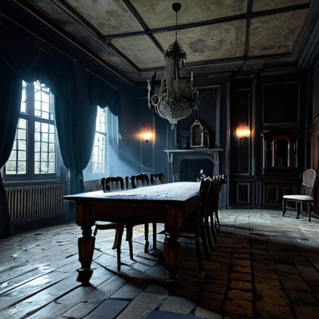 The Haunted House**

"A dimly lit, gothic-style mansion interior, filled with antique furniture and cobwebs. Dust motes float in the air. The scene should evoke a sense of unease and mystery. Focus on realistic textures and subtle lighting effects. fully clothed, safe for work, appropriate content, professional photography, perfect anatomy, natural proportions, family-friendly."

**