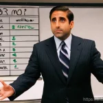 Home 11 오피스 스페셜 에피소드 요약 - **Michael Scott's Enthusiastic, Awkward Presentation:** A full-body shot of Michael Scott in a sligh...