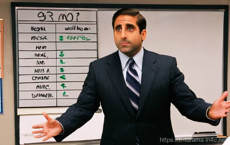 오피스 스페셜 에피소드 요약 - **Michael Scott's Enthusiastic, Awkward Presentation:** A full-body shot of Michael Scott in a sligh...