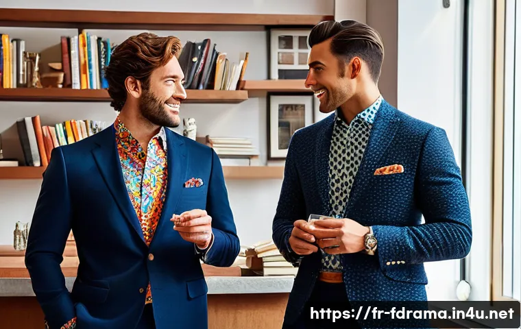 윌 앤 그레이스 명장면 모음 - A lively scene featuring two stylish male friends engaged in a sharp, witty verbal duel in a modern,...