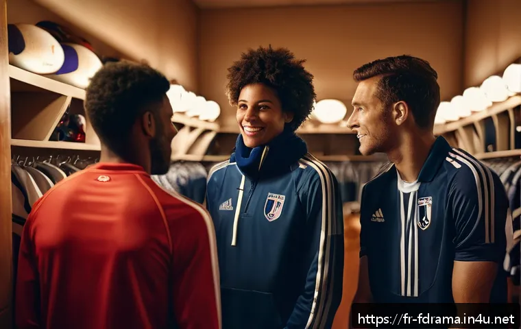 테드 라소 시즌별 인기 요소 - A warm and intimate scene inside a cozy English football locker room at dusk, featuring a diverse gr...