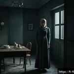 핸드메이즈 테일의 심리적 요소 - A tense, dimly lit room inside a dystopian household, featuring a woman dressed in modest, period-ap...