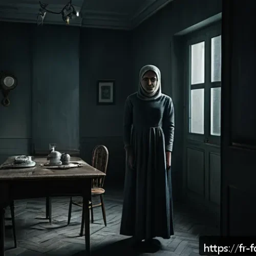 핸드메이즈 테일의 심리적 요소 - A tense, dimly lit room inside a dystopian household, featuring a woman dressed in modest, period-ap...