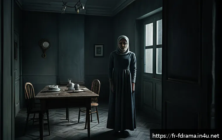 핸드메이즈 테일의 심리적 요소 - A tense, dimly lit room inside a dystopian household, featuring a woman dressed in modest, period-ap...