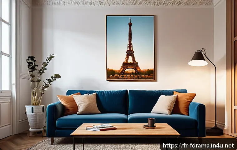 디 인비저블 시청 방법 - A cozy modern living room in a French apartment, evening setting with warm ambient lighting, a large...