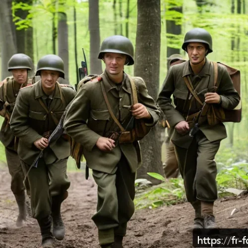밴드 오브 브라더스 제작 비화 - A detailed scene of World War II paratroopers undergoing intense military training in a forest clear...