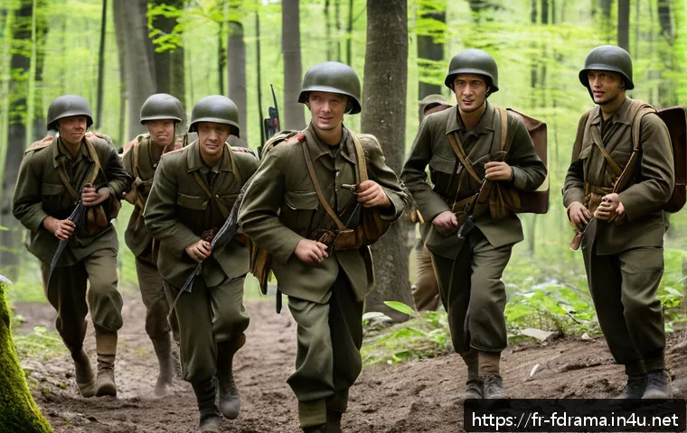밴드 오브 브라더스 제작 비화 - A detailed scene of World War II paratroopers undergoing intense military training in a forest clear...