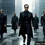 더 매트릭스 리로디드 분석 - A highly detailed, cinematic scene of Neo in the midst of a fluid, balletic combat against multiple ...