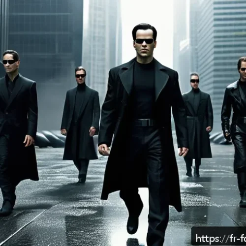 더 매트릭스 리로디드 분석 - A highly detailed, cinematic scene of Neo in the midst of a fluid, balletic combat against multiple ...