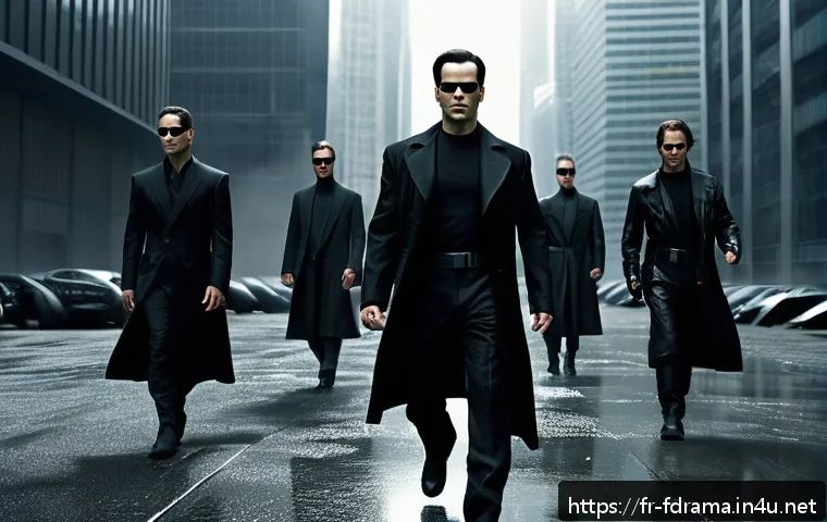 더 매트릭스 리로디드 분석 - A highly detailed, cinematic scene of Neo in the midst of a fluid, balletic combat against multiple ...