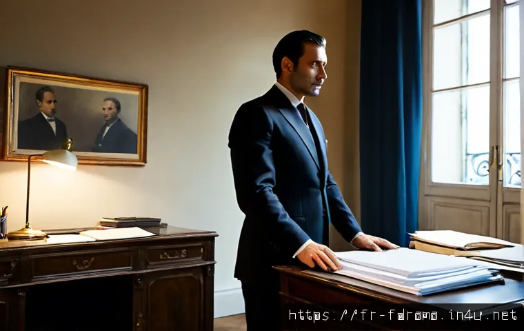 Home 17 하우스 오브 카드 시즌별 변화 - Photorealistic cinematic scene of an ambitious French politician in a tailored dark suit standing in...