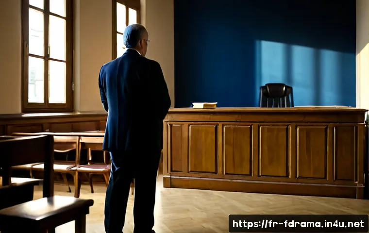 Home 17 더 디펜스 시즌별 결말 - Photorealistic French courtroom at dusk after a dramatic legal verdict, confident middle-aged defens...
